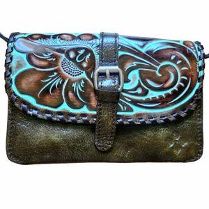 Patricia Nash Torri Tooled Floral Details Green Turquoise Leather Crossbody Bag